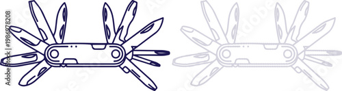 Swiss Army Knife multi-tool icon set with open blades isolated on white, vector line art style