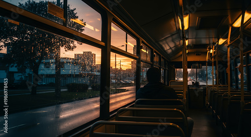 Golden hour sunset viewed from a moving bus, casting warm light across the interior and through the windows onto a street scene