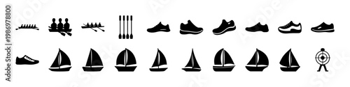 Foto Set of Shoes and Sailing Boat Icon Silhouettes - Collection of black silhouettes featuring various shoes and sailboats, ideal for footwear, travel, fashion, and recreational activity concepts