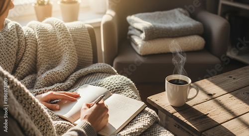 Cozy atmosphere of a person writing in a notebook with a warm drink on a wooden table