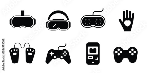 VR gaming icons silhouette virtual reality headsets controllers and hand gestures