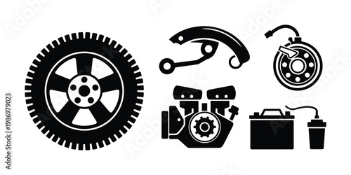 Car Repair and Auto Service Icons Set Black Silhouette Symbols Including Tire Brake Engine and Tools