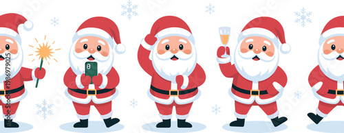 Set of cute cartoon Santa Claus characters celebrating Christmas with sparkler smartphone selfie and champagne glass for holiday party banner.