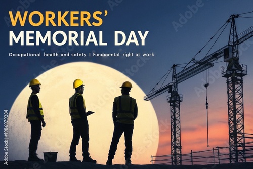 Dedicated construction workers wearing safety helmets and reflective vests standing together at a project site while observing the sunset horizon in silhouette to honor workers memorial day by focusin