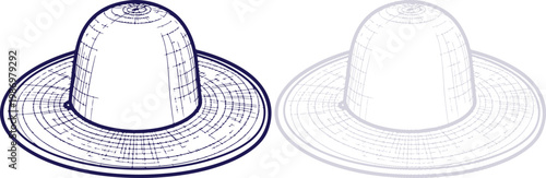Sun Hat Outline Drawing with Grid Texture Isolated on White Background