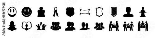 Black icons set of smileys symbols and figures - Collection of black silhouette icons featuring smiley faces, symbols, people figures, and abstract shapes, suitable for communication and interface des