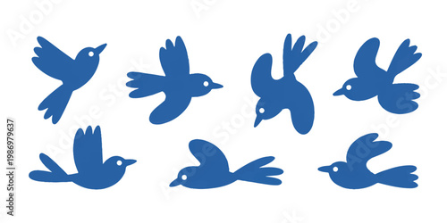 Seven blue birds flying freely in an empty space illustrated