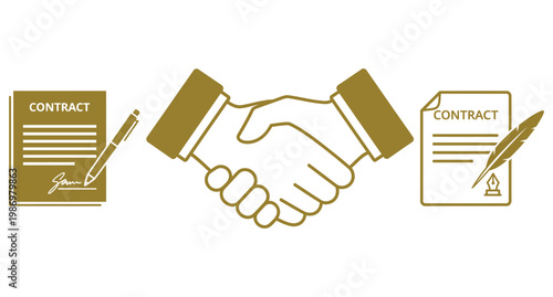 Handshake agreement and contract icons for business partnership and legal deal.