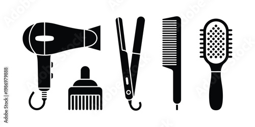 Hair Styling Tools Icons Set Black Silhouette Symbols Including Hair Dryer Straightener Comb and Brush