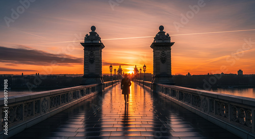 Stunning sunrise illuminates a solitary figure walking across a grand bridge, casting a long shadow on the reflective walkway during golden hour