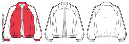 Unisex Zip Front Track Jacket, Bomber Jacket Fashion Flat Technical Drawing Featuring Raglan Sleeves and Front Back Views