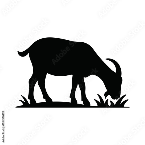 A silhouette of a goat grazing on grass, with a simple and elegant design. The image emphasizes the animal's form and activity.
