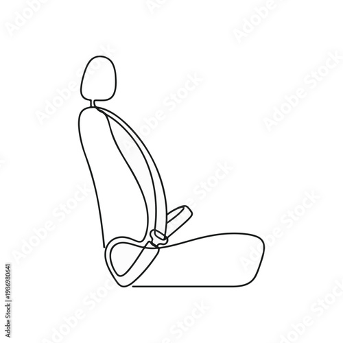 Car seat line drawing showing the seat with headrest and seatbelt. A minimalist illustration emphasizing safety and design
