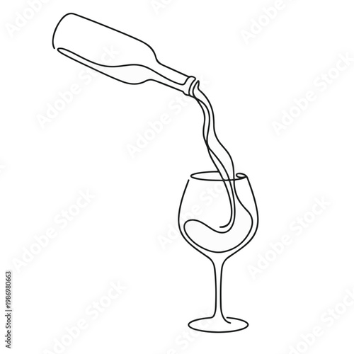 Elegant line art illustration of wine pouring into a glass, depicting a single continuous line style. This minimalist drawing evokes sophistication and simplicity