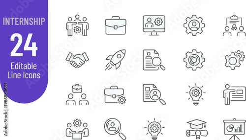 A collection of 24 editable line icons representing various internship and business concepts, ideal for marketing, advertising, and educational materials.