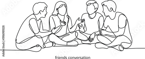 Friends Conversation Line Art Illustration Minimal Outline Drawing of Group Discussion and Social Interaction