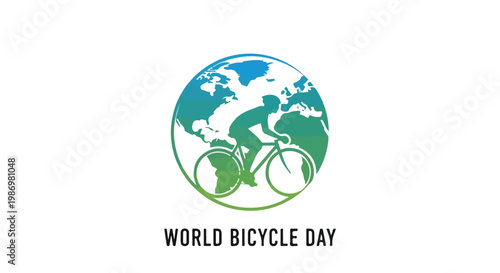 Illustration of a bicycle rider on a gradient globe for World Bicycle Day with a green and blue color scheme