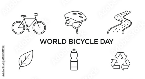 A minimalist graphic illustration celebrating World Bicycle Day with eco-friendly icons on a white background