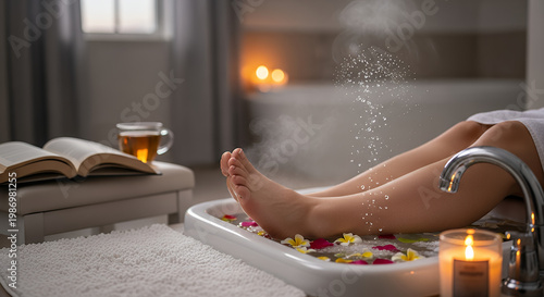 A Woman Enjoying a Relaxing Foot Soak with Flowers, Candles, and Tea
