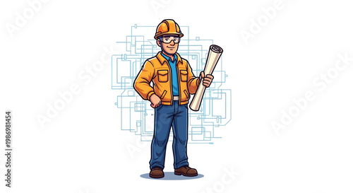 A cartoon-style construction worker character, illustrated in vector format, holds a rolled-up architectural blueprint, set against a white background with faint engineering diagrams