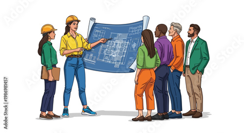 Diverse team of construction workers analyzing an engineering blueprint in an illustration with clean vector lines, showcasing architectural designs and structural details against a stark