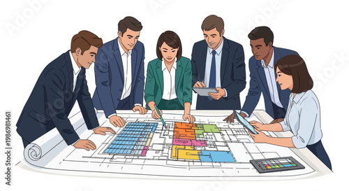 Illustrated business team collaborates on an architectural blueprint, reviewing structural designs on a large paper document in a brightly lit room, creating a vibrant and collaborative
