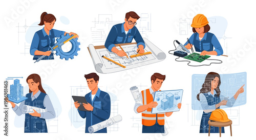 A set of vector illustrations depicts diverse characters working on engineering and architecture projects, including blueprint design, tool use, and structure analysis, presented