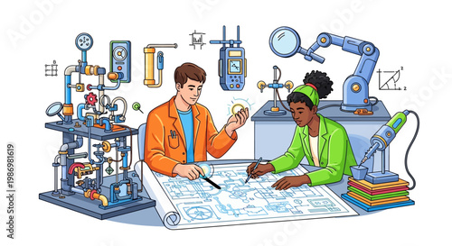 Vector art illustration depicting two characters, an engineer team, reviewing an engineering blueprint on paper at a workstation, with a robotic arm, gauges, and various tools in a clean
