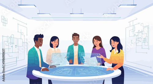 A diverse team of five people collaborate on an engineering design, reviewing a technical blueprint at a round table in a brightly lit room, conveying a sense of teamwork and innovation