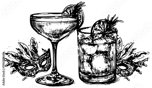 Cocktails with masquerade masks illustration