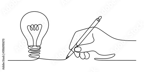 Continuous line drawing of a hand holding a pen that is sketching a glowing light bulb.