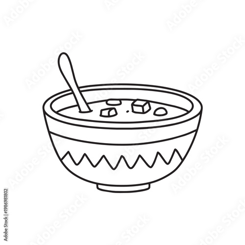 cereal bowl and spoon, black and white outline doodle