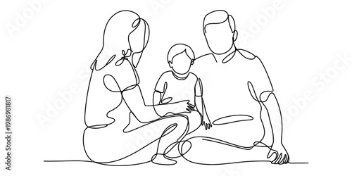 Minimalist continuous line art illustration of a father mother and child sitting together happily