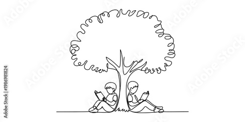 Continuous line drawing of two children sitting back-to-back reading books under a big tree.