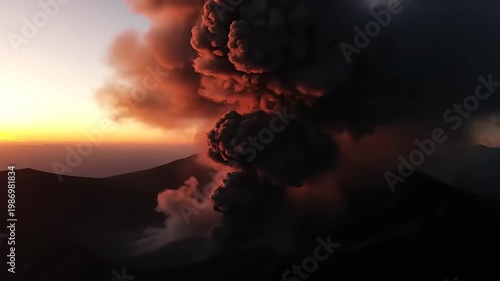 Dramatic Volcanic Eruption at Sunset with Ash Plume and Fiery Glow.