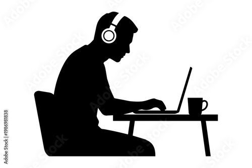 Person wearing headphones working on a laptop at a table with a cup of coffee isolated on transparent background, Vector