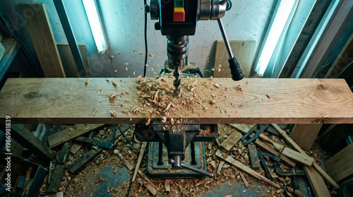 Drill Press Working on Wooden Plank in Workshop