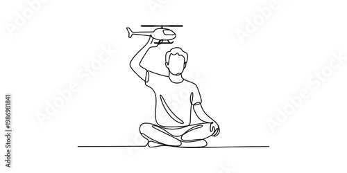Continuous line drawing of a young man sitting cross legged and holding a toy helicopter