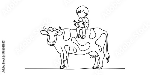 A simple line drawing of a small child sitting on the back of a spotted cow and reading a book.