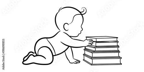 A simple line drawing of a baby crawling towards a stack of books on a white background.