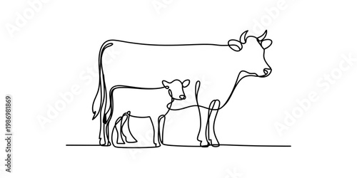 Minimalist continuous line drawing of a cow and its calf standing together on a white background.