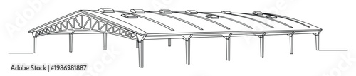 Technical drawing of a large curved roof open structure supported by trusses and posts for architectural designs.