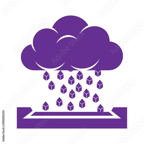 Purple cloud raining cubes onto flat surface symbolizing data storage and cloud computing concepts.