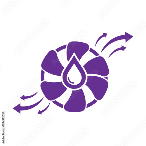 Purple fan with water drop and airflow arrows vector illustration symbolizing cooling, ventilation, or humidification system.