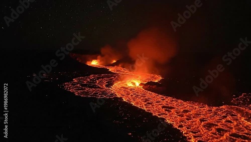 Dramatic Volcanic Eruption at Night - A River of Molten Lava.