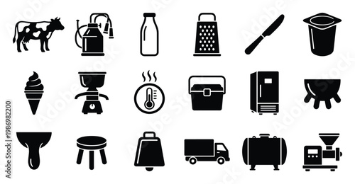 Dairy farm and milk production glyph icons for agricultural businesses food processing and branding projects