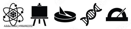 Iconic black symbols representing science, art, time, biology, and mathematics, perfect for educational content and academic materials