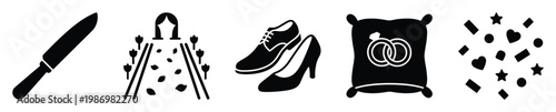 Wedding event symbols featuring a cake knife, aisle, shoes, rings on a pillow, and confetti, useful for graphic design projects.