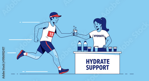 Marathon Runner Receives Hydration From Volunteer At Aid Station