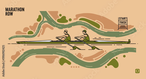 Marathon Rowers Competing On A Winding River Course Illustration